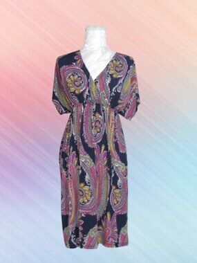 5th Love size M Paisley V-Neck Empire Waist Mini Dress navy blue multicolor